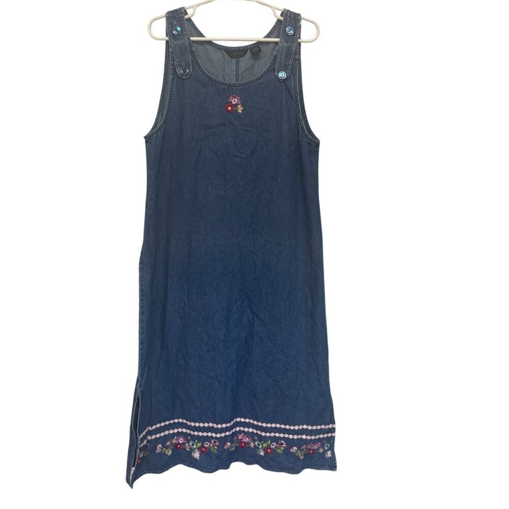 Vintage Denim Floral Embroidered Sleeveless Dress With Button Strap Womens‎ M